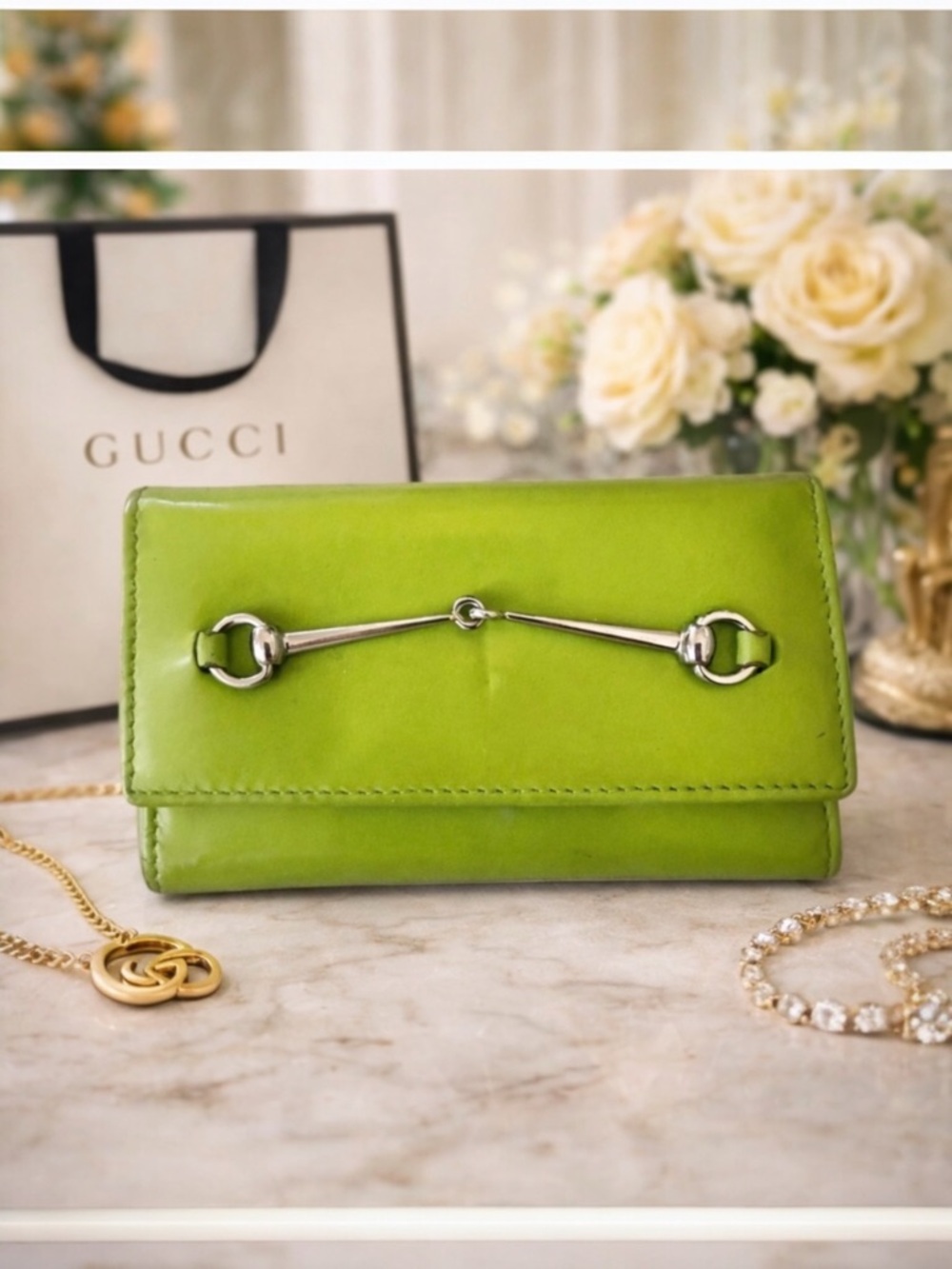 GUCCI Rare Horse Bit Patent Leather Keychain & Card Holder Margarita Color! - Picture 2 of 16
